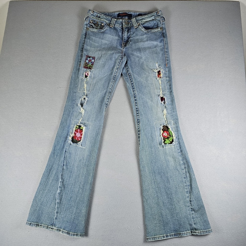 Vigoss Bootcut Jeans Womens 7/8 Blue Denim Light Wash Flower Embroidery Distress
